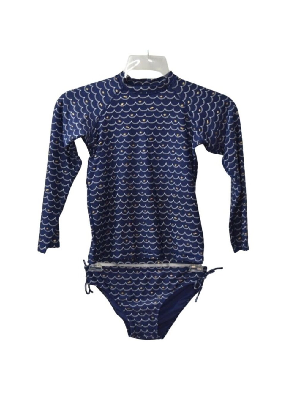 EGG Girls Long Sleeve Rash Guard Swimsuit Bikini Bottom Navy Blue Wave Print Siz